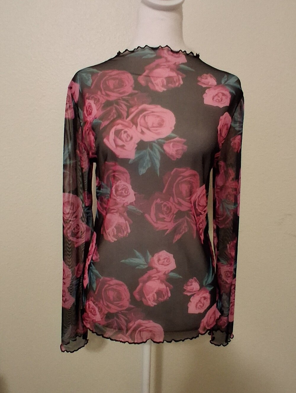 Women Rose Floral Pink Whimsygoth Top Long Sleeve Sheer Mesh Dark Romantic